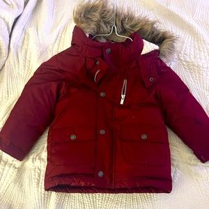Kids burgundy puff jacket with removal fur hood 3Y